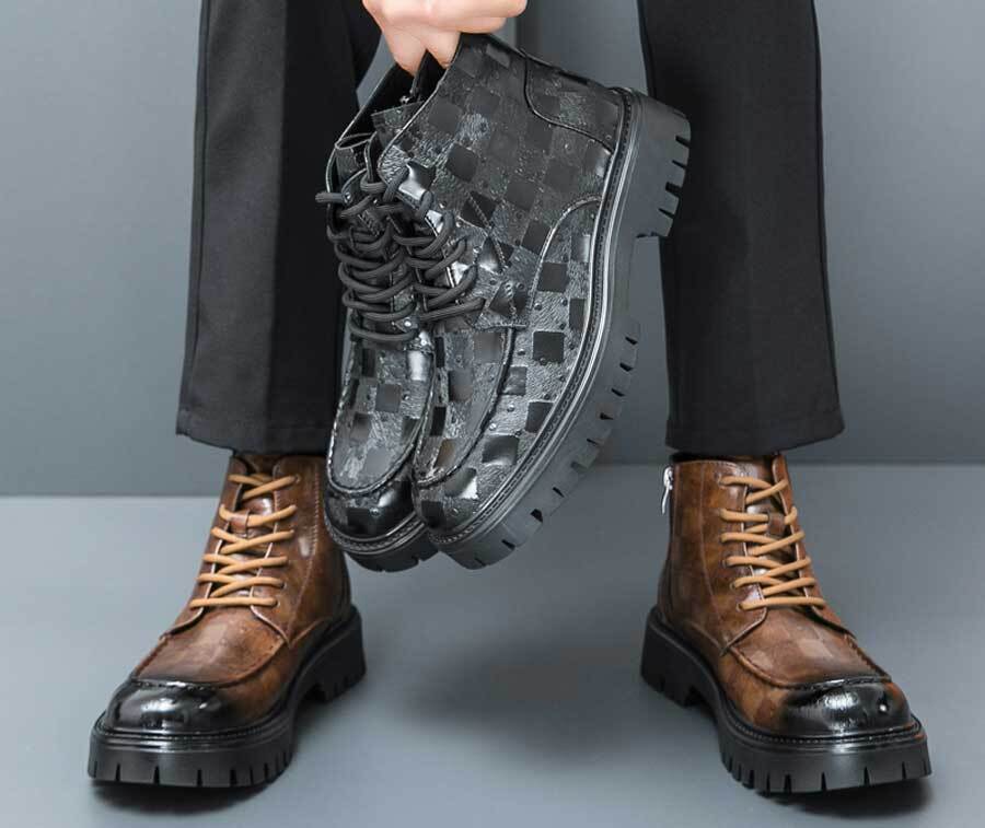 Men's retro check pattern side zip lace up shoe boots