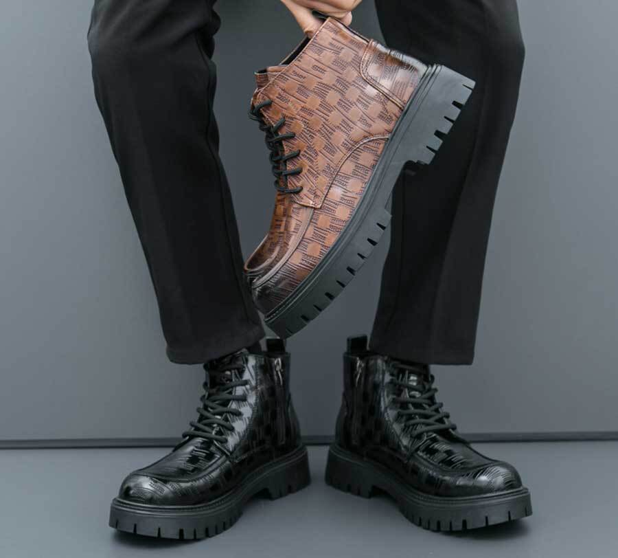 Men's retro check stripe accents side zip lace up shoe boots