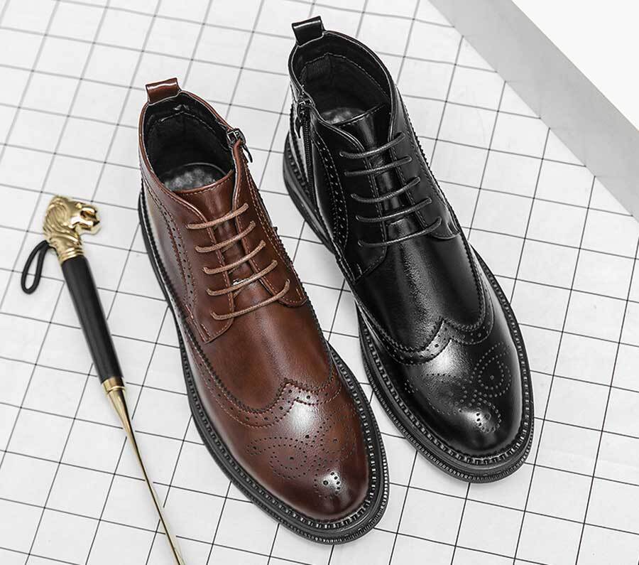 Men's retro long wing brogue side zip lace up shoe boots