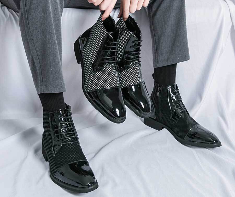 Men's retro patent cap point toe side zip lace up shoe boots