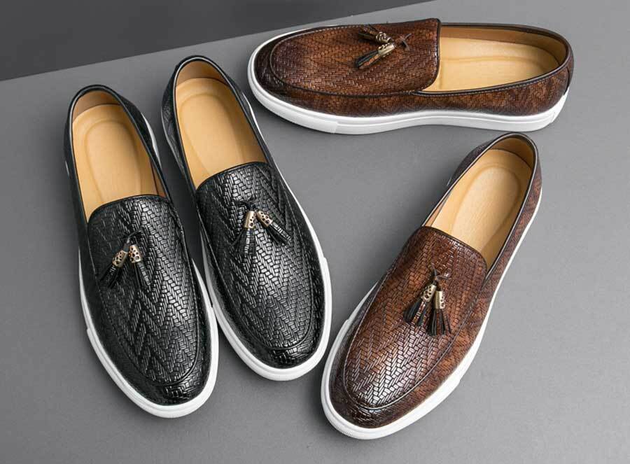 Men's weave pattern accents tassel slip on shoe loafers