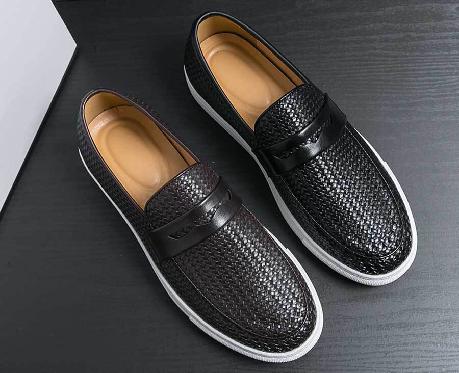 Men's weave pattern accents penny slip on shoe loafers