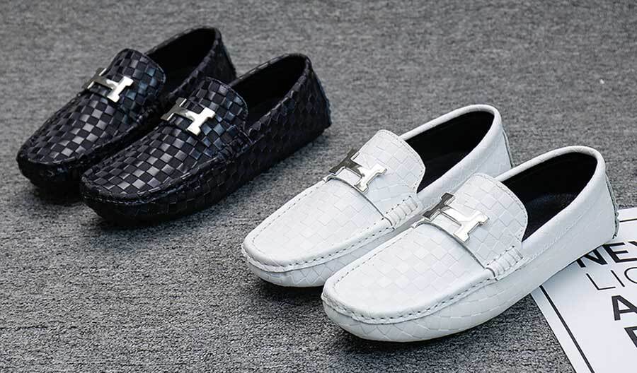 Men's check pattern accents metal buckle slip on shoe loafers