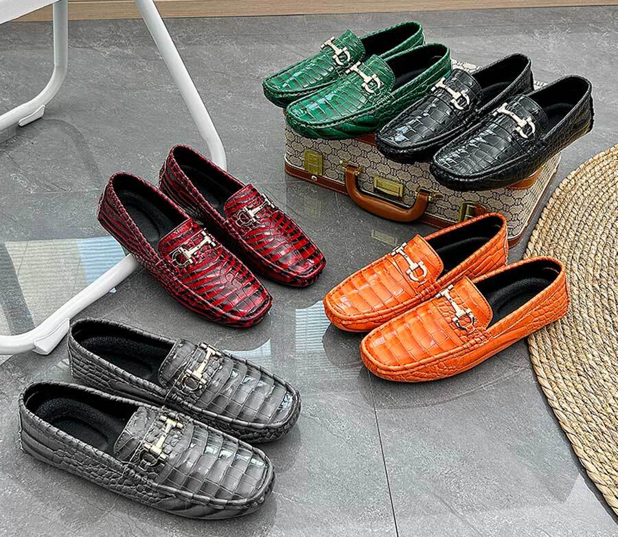 Men's croc skin pattern metal buckle slip on shoe loafers