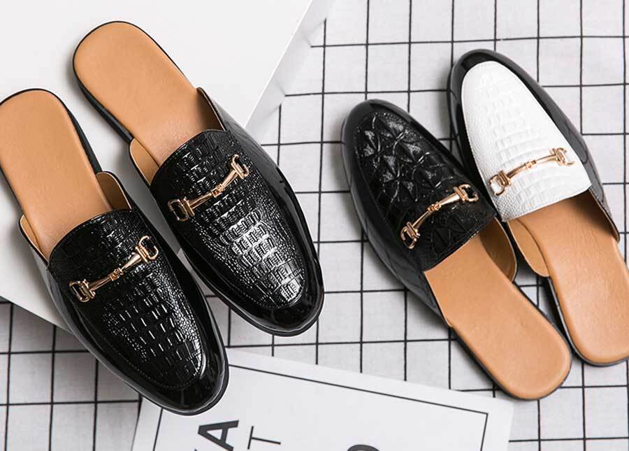 Men's top metal buckle croc skin pattern slip on shoe mules