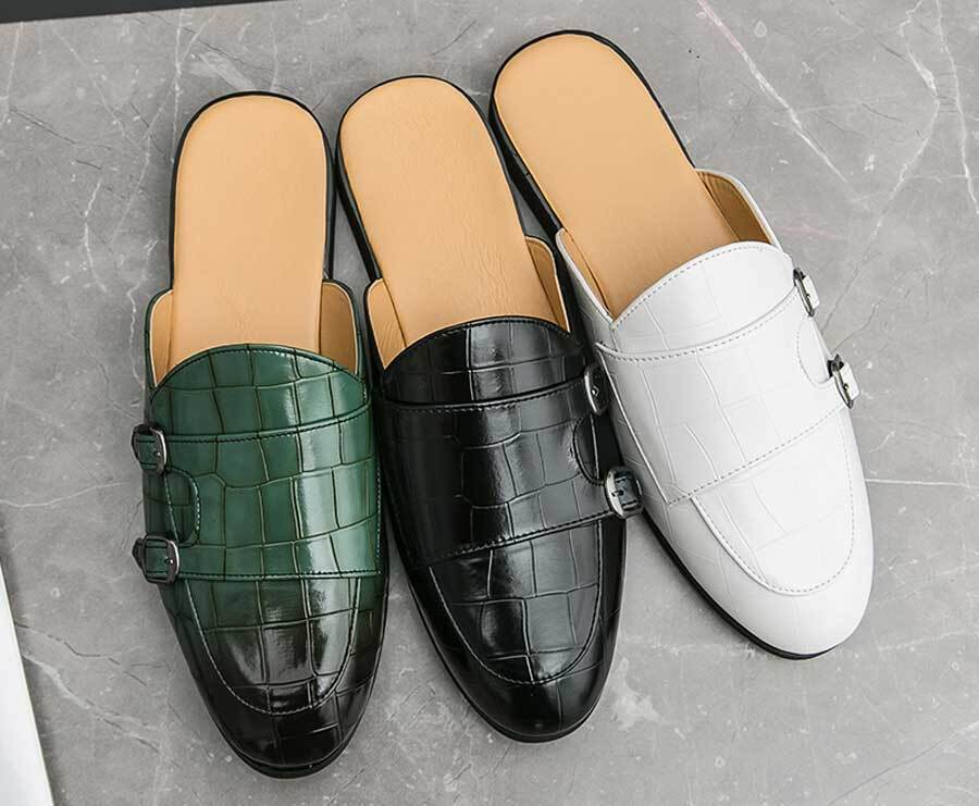 Men's croc skin pattern monk strap slip on shoe mules