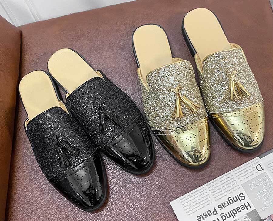 Men's sequins tassel brogue slip on shoe mules