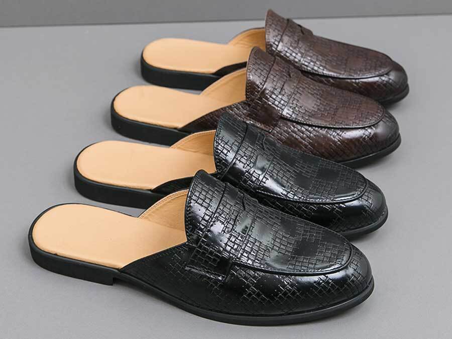 Men's check pattern slip on penny shoe mules