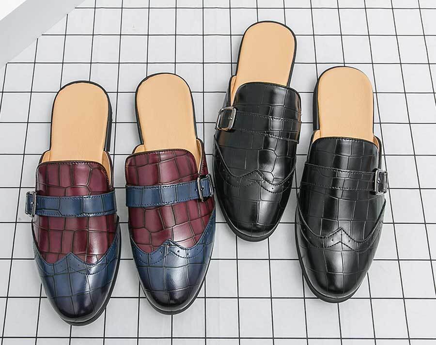 Men's wingtip brogue croc skin pattern monk slip on shoe mules
