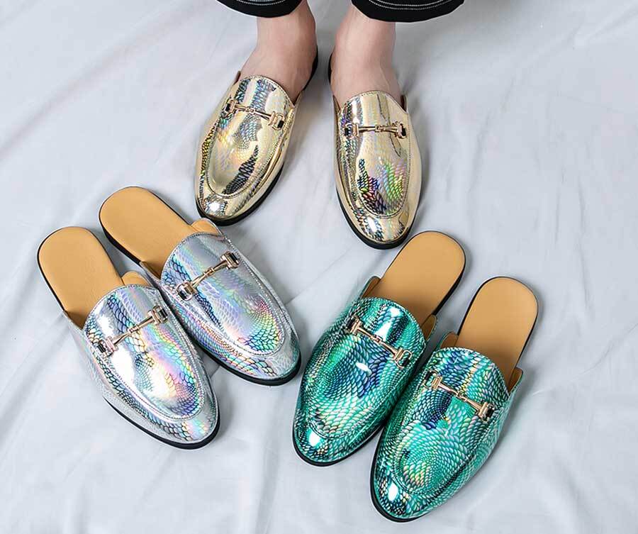 Men's pattern accents top metal buckle slip on shoe mules