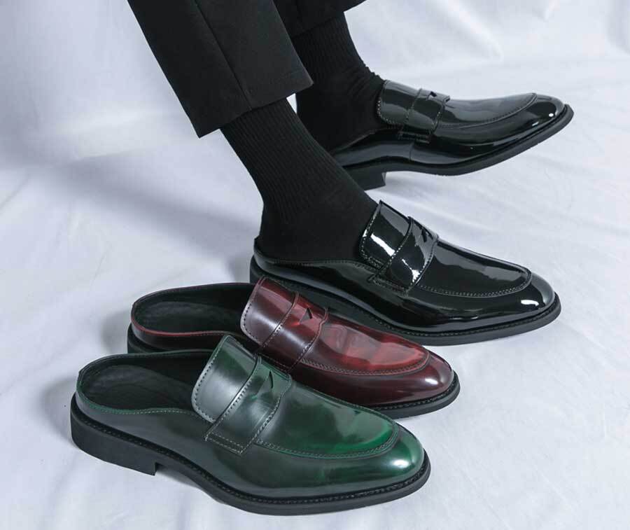 Men's retro penny strap patent slip on shoe mules