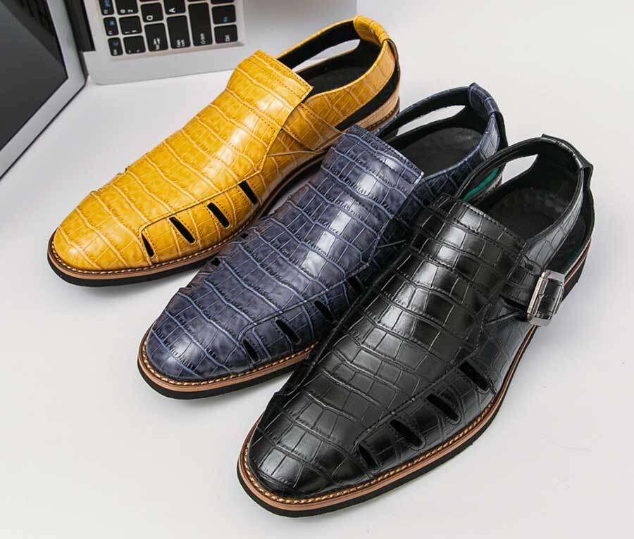 Men's croc pattern buckle strap cut out slip on shoe mules