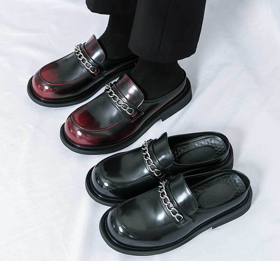 Men's trim chain metal accents retro slip on shoe mules