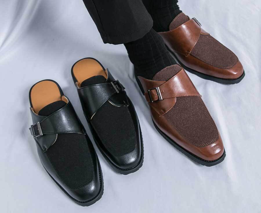 Men's nubuck monk strap buckle slip on shoe mules
