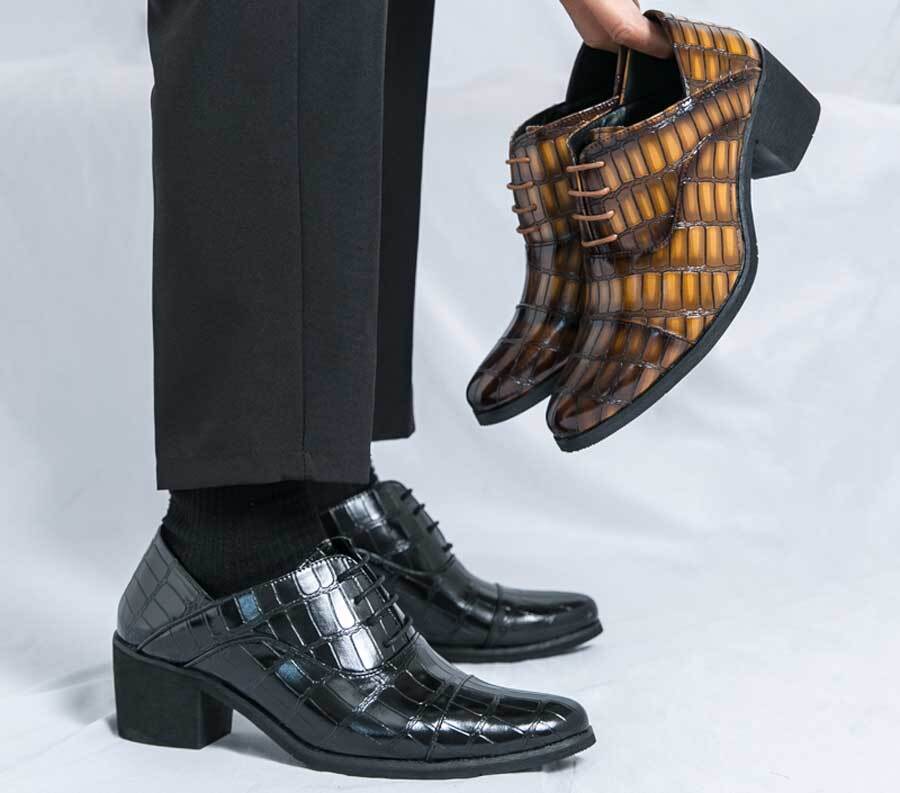 Men's retro crocodile skin pattern high heel oxford dress shoes