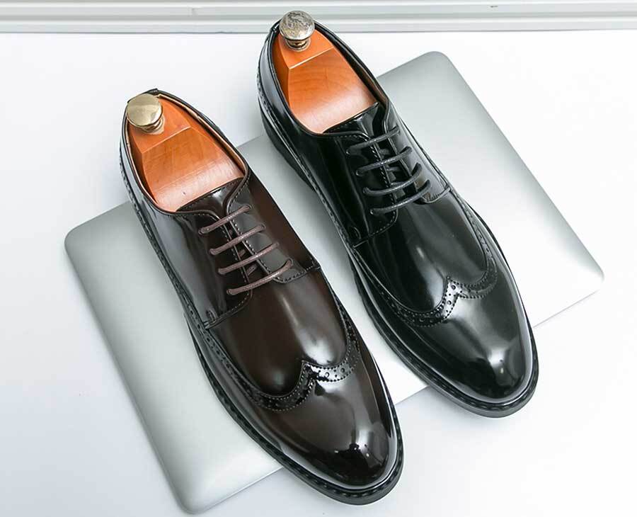 Men's retro long wing brogue derby dress shoes