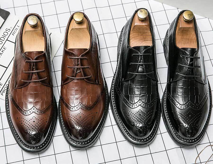 Men's retro wingtip brogue croc skin pattern derby dress shoes