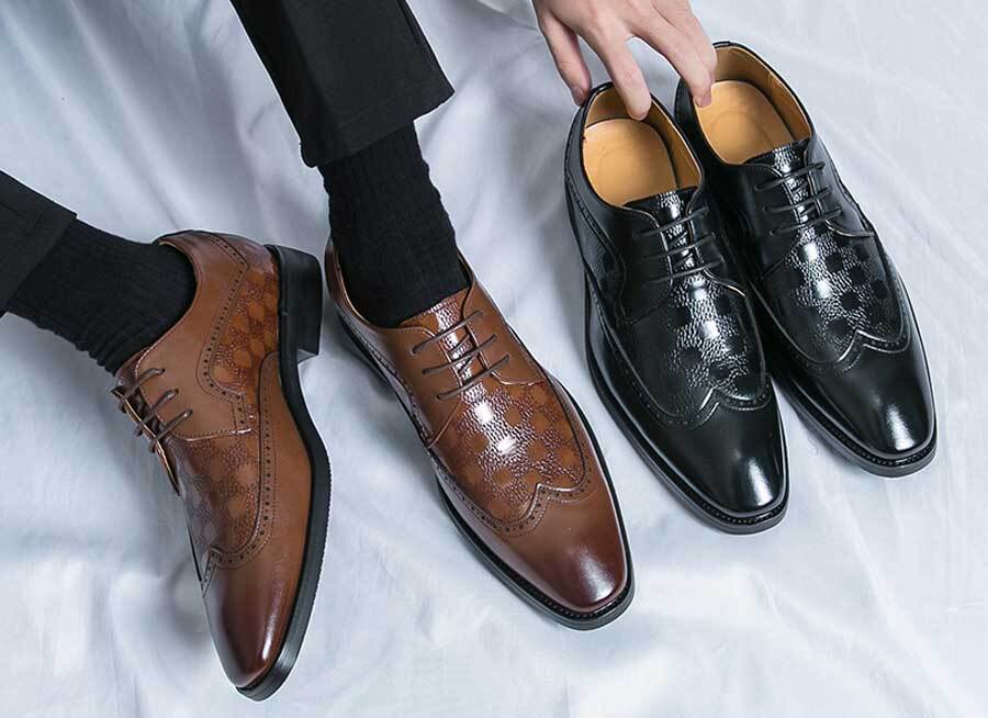 Men's check pattern wingtip brogue derby dress shoes