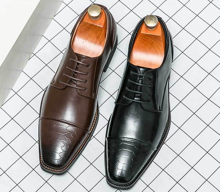 Men's snake skin pattern cap square toe derby dress shoes