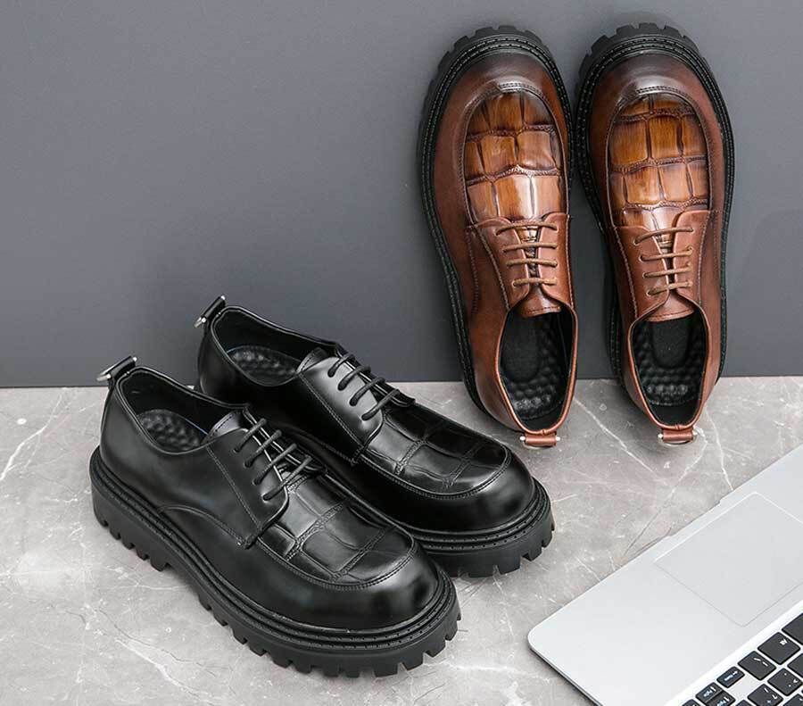Men's retro croc skin pattern thick sole derby dress shoes