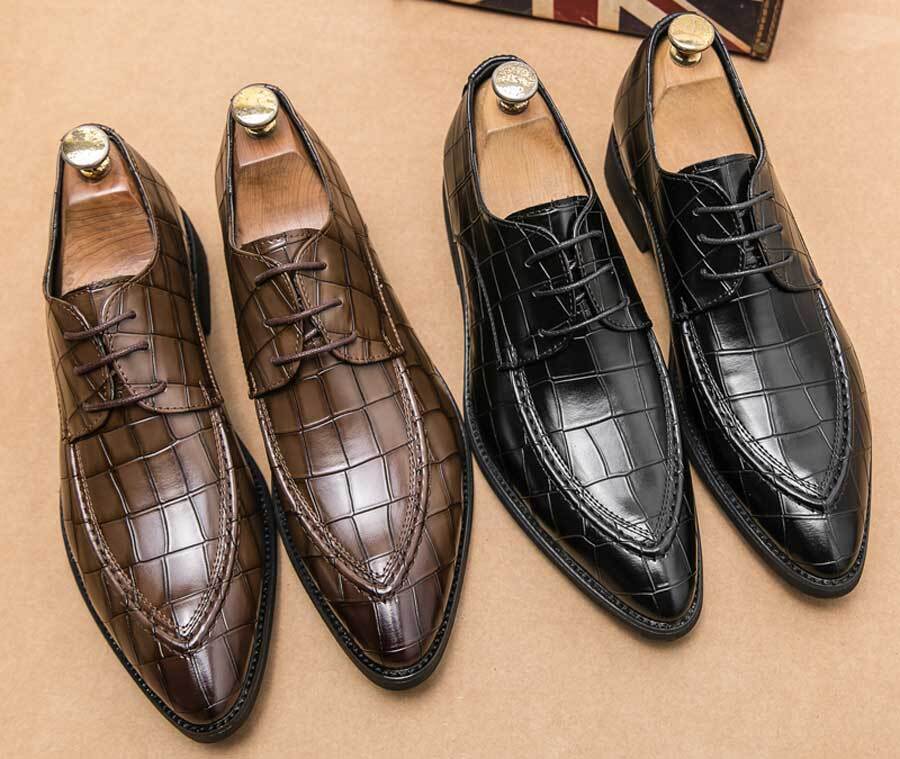 Men's retro croc skin pattern point toe derby dress shoes