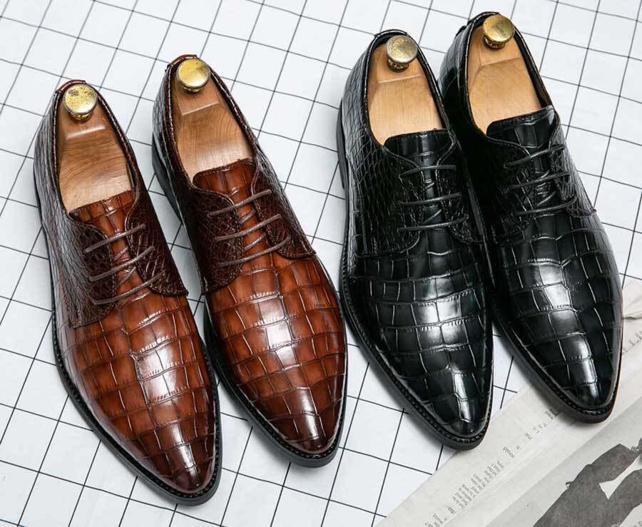 Men's retro croc skin pattern point toe derby dress shoes