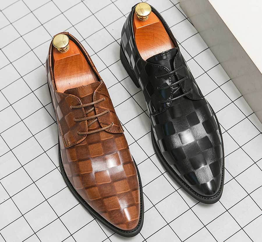 Men's retro check pattern point toe derby dress shoes