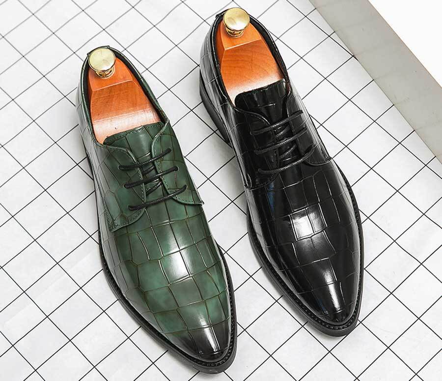 Men's retro crocodile skin pattern point toe derby dress shoes