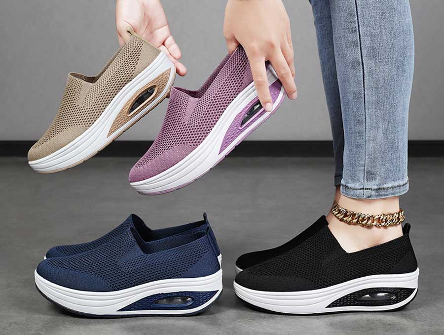 Women's flyknit pattern texture slip on rocker bottom shoe sneakers