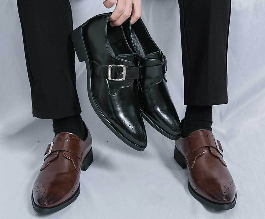 Men's brogue monk strap slip on dress shoes point toe