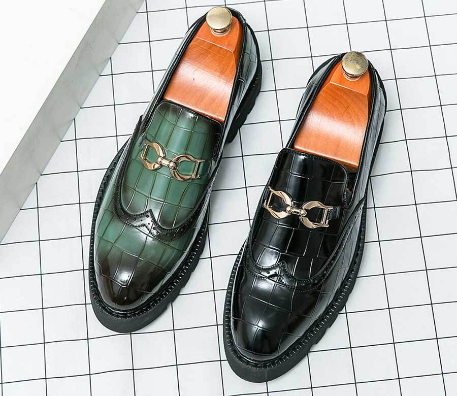 Men's wingtip brogue croc pattern metal buckle slip on dress shoes