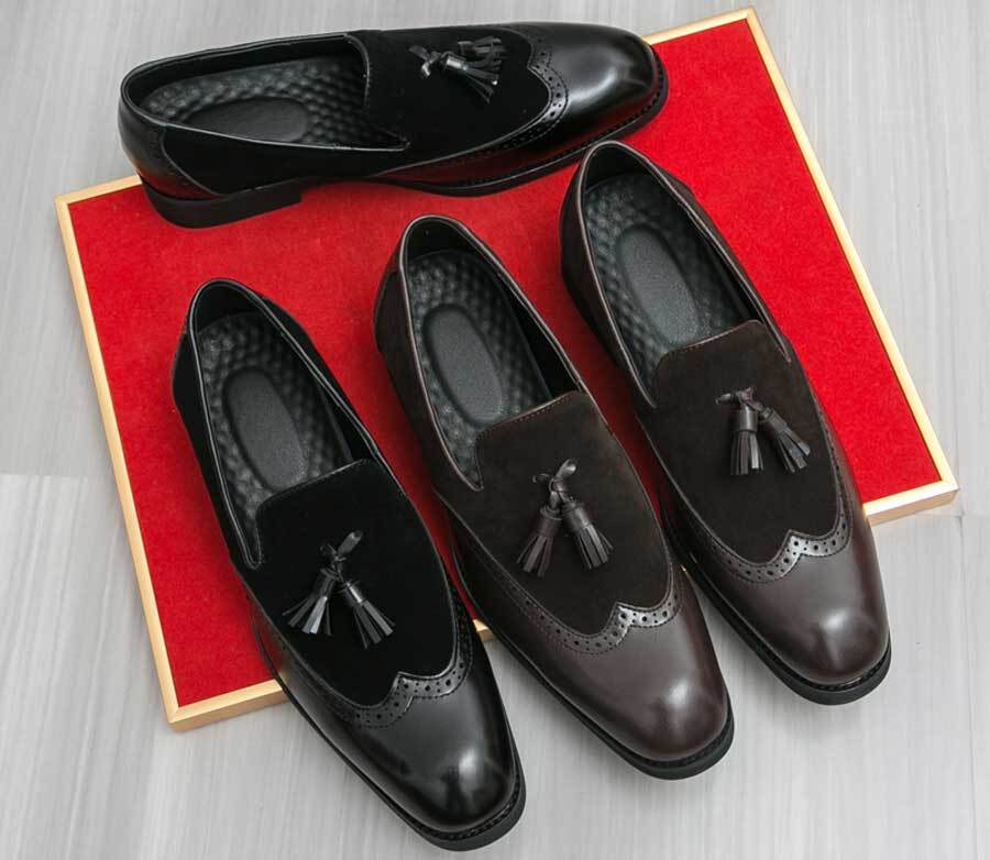 Men's wingtip brogue tassel splicing accents slip on dress shoes