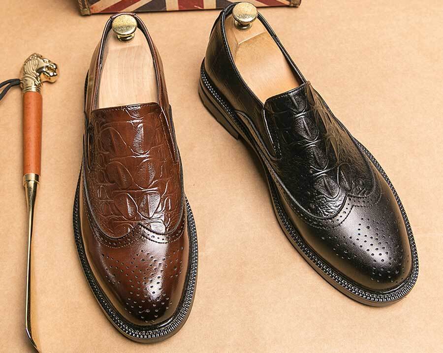 Men's retro wingtip brogue croc skin pattern slip on dress shoes