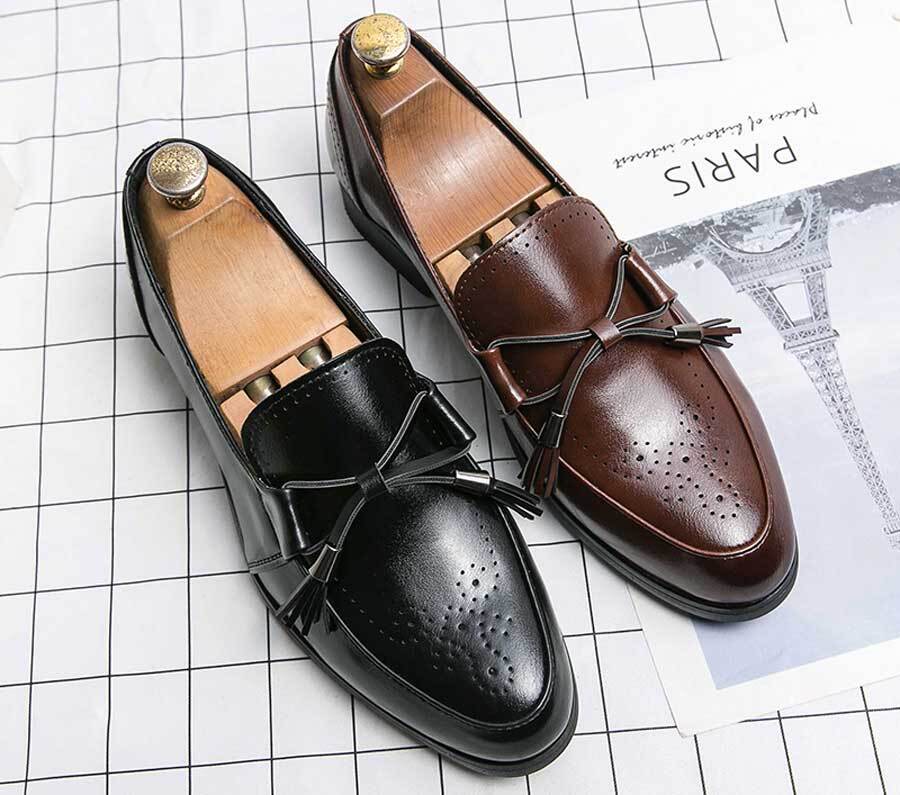 Men's retro brogue bow tassel slip on dress shoes
