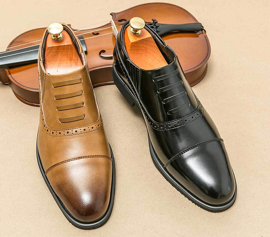 Men's retro brogue lace stripe cap toe slip on dress shoes