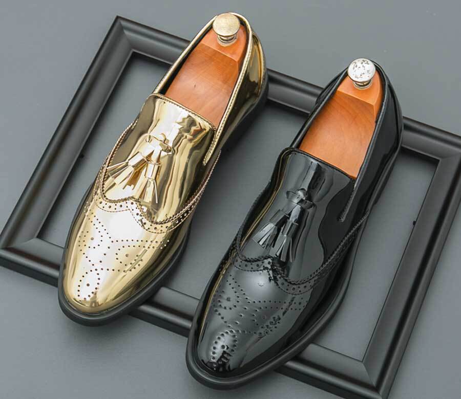 Men's wingtip brogue top tassel patent slip on dress shoes