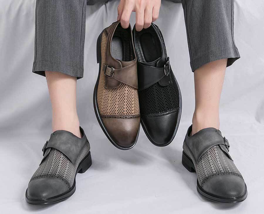 Men's brogue hollow out cap toe monk strap slip on dress shoes