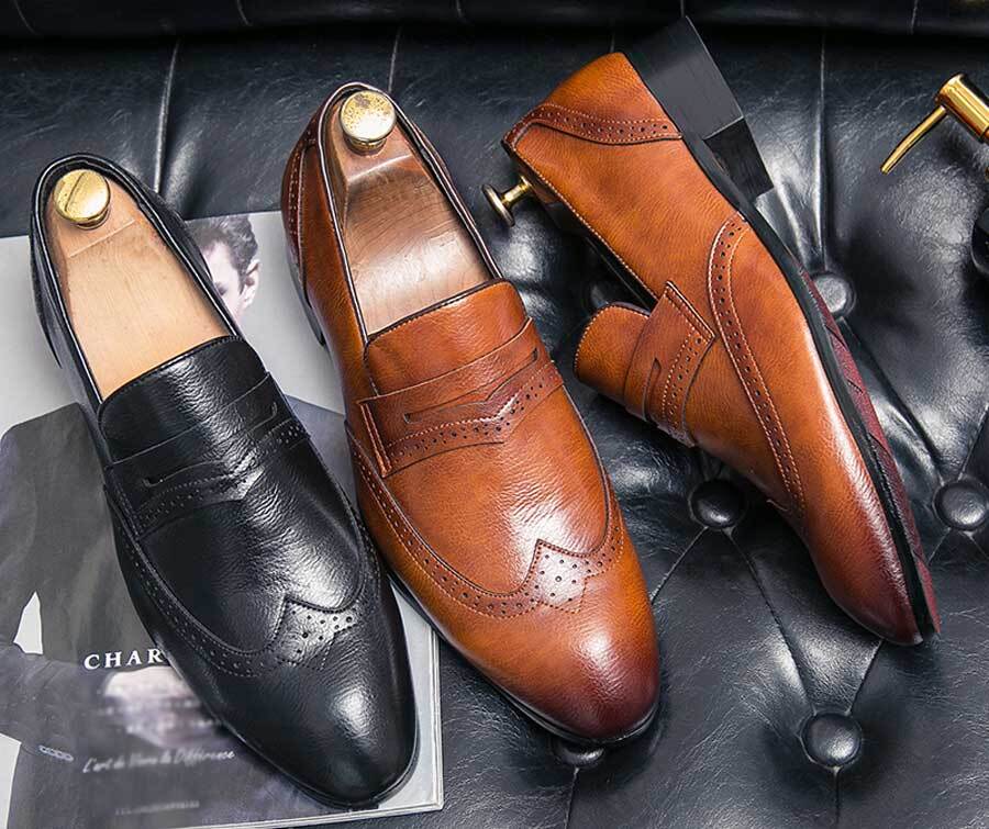 Men's retro wingtip brogue penny strap slip on dress shoes