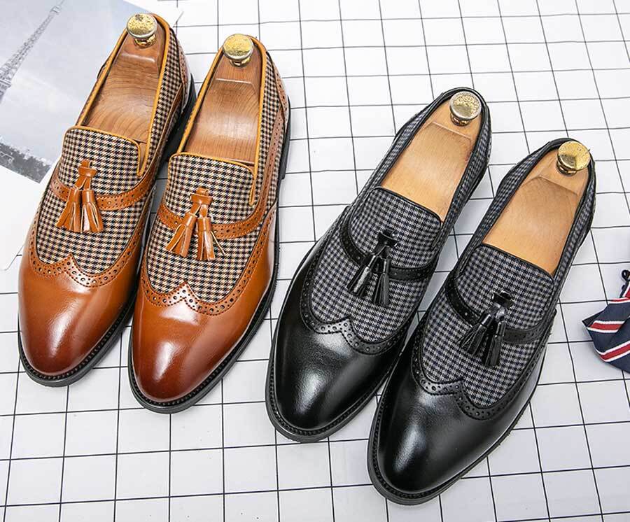 Men's retro wingtip brogue check to tassel slip on dress shoes