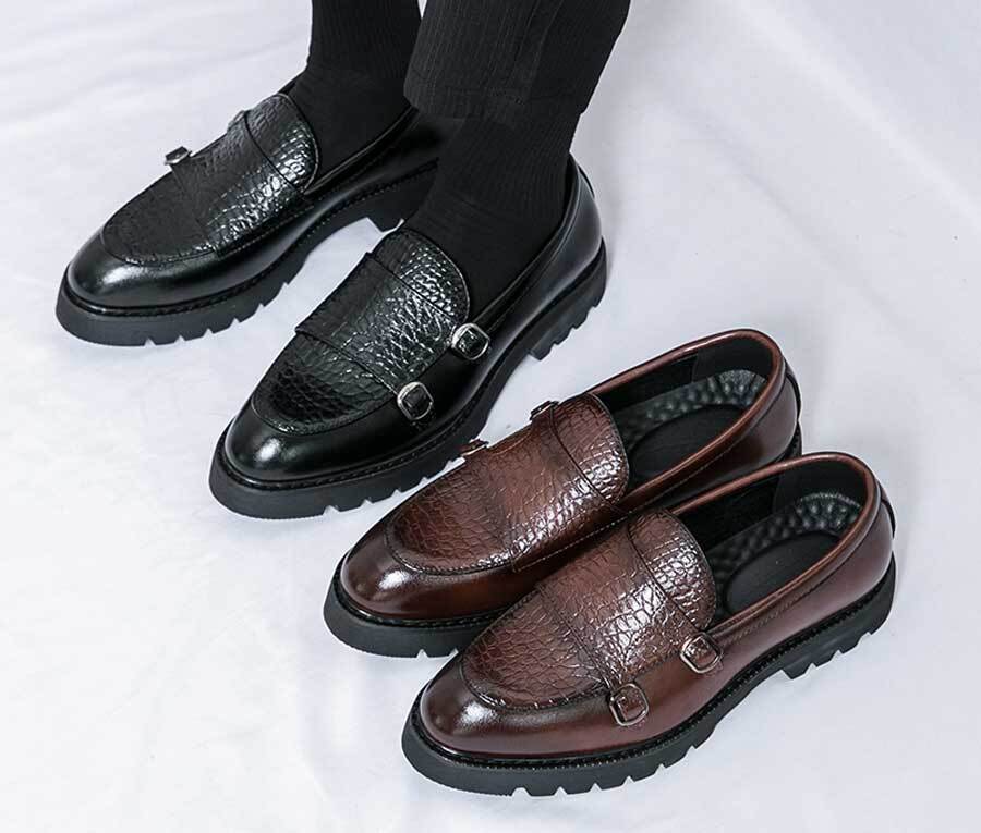 Men's retro croc pattern thick sole monk strap slip on dress shoes