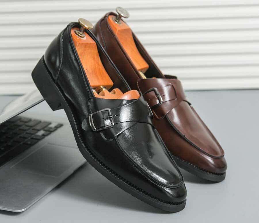Men's retro monk strap buckle slip on dress shoes