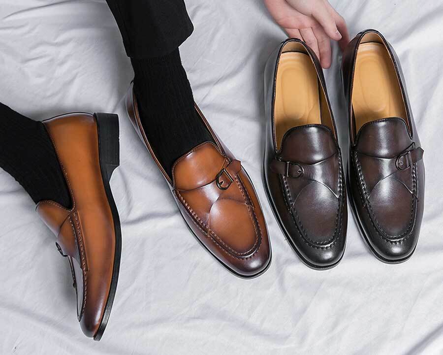 Men's retro monk strap buckle slip on dress shoes