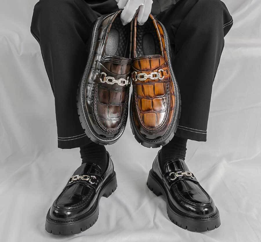 Men's croc skin pattern metal buckle thick sole slip on dress shoes