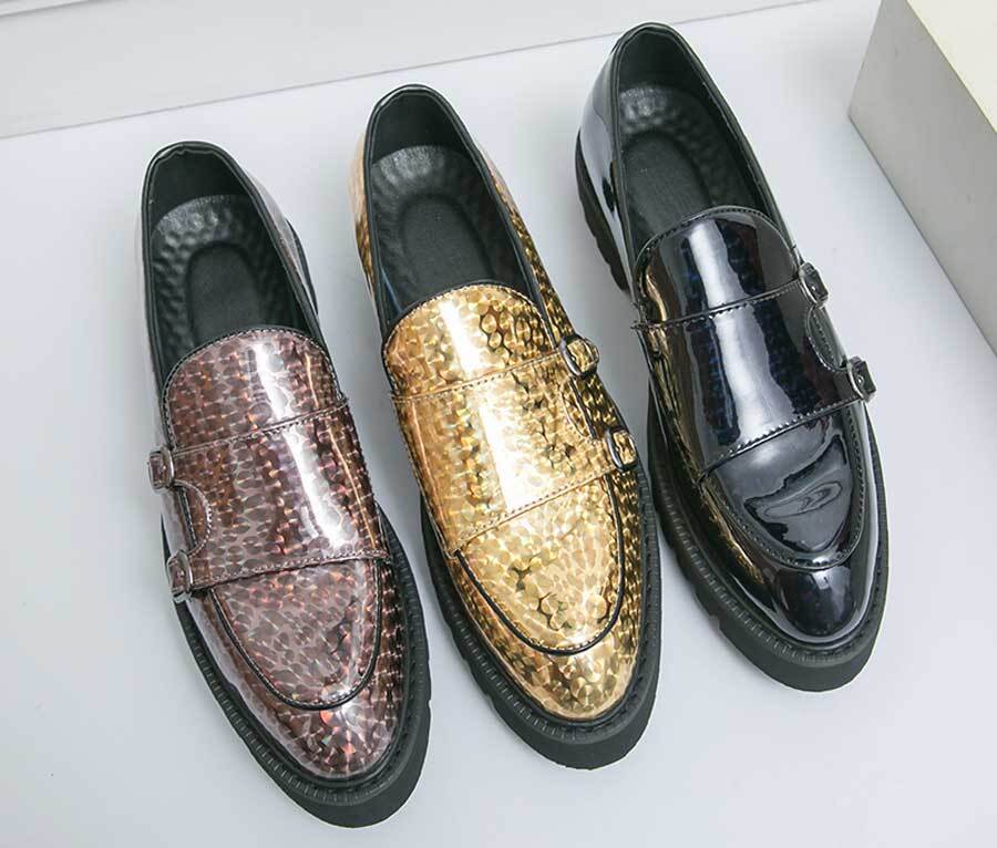 Men's pattern monk strap thick sole slip on dress shoes