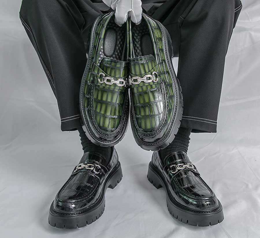 Men's croc skin pattern metal buckle thick sole slip on dress shoes