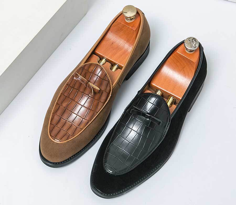 Men's croc skin pattern bow tie on top slip on dress shoes