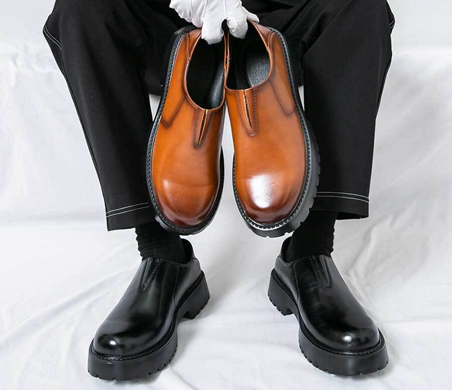 Men's retro curved toe thick sole slip on dress shoes