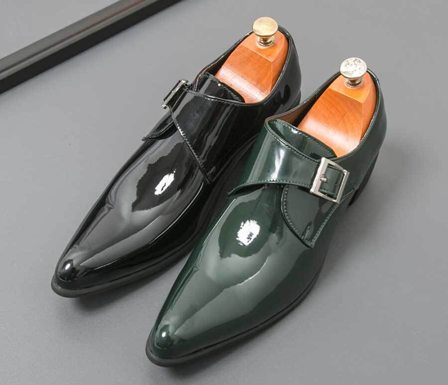 Men's patent point toe monk strap heel slip on dress shoes