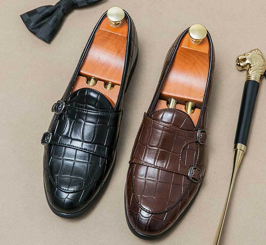 Men's croc skin pattern monk strap buckle slip on dress shoes