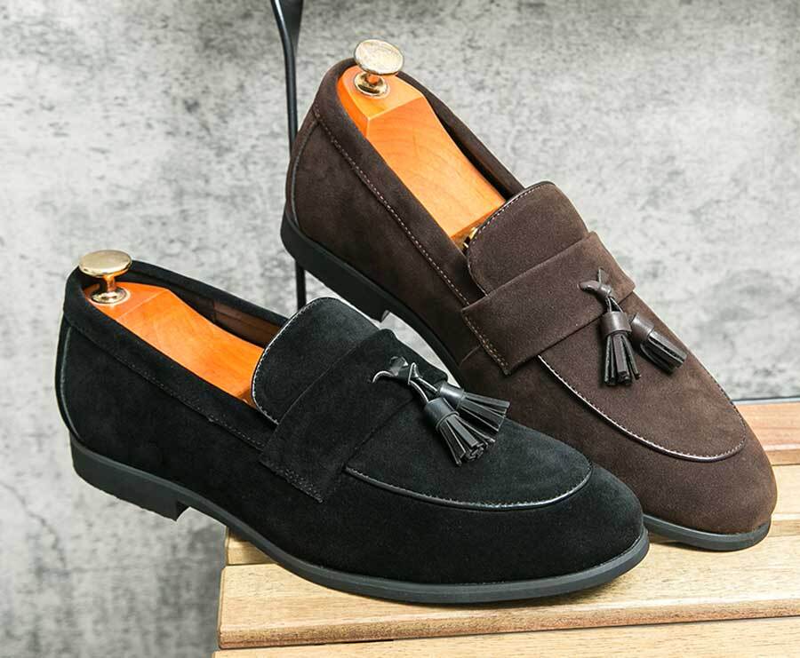 Men's nubuck tassel on penny slip on dress shoes